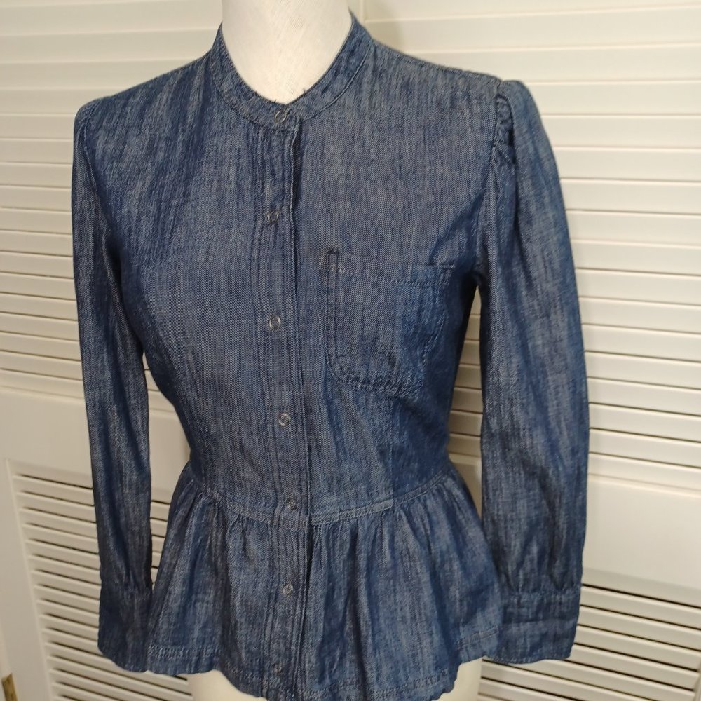 Lucky Brand Top Blue Chambray Denim Snap Front Peplum Top Womens size 4 - Picture 6 of 11